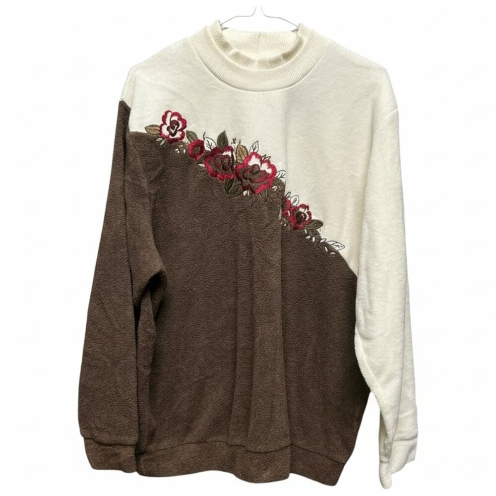 Vintage TanJay Embroidered Floral Colorblock Pullover Fleece Sweatshirt Size L